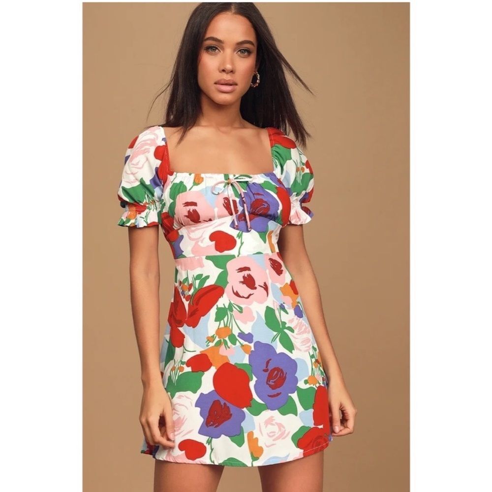 Faithfull The Brand | Iris White Multi Floral Print Puff Sleeve Mini‎ Dress M 6